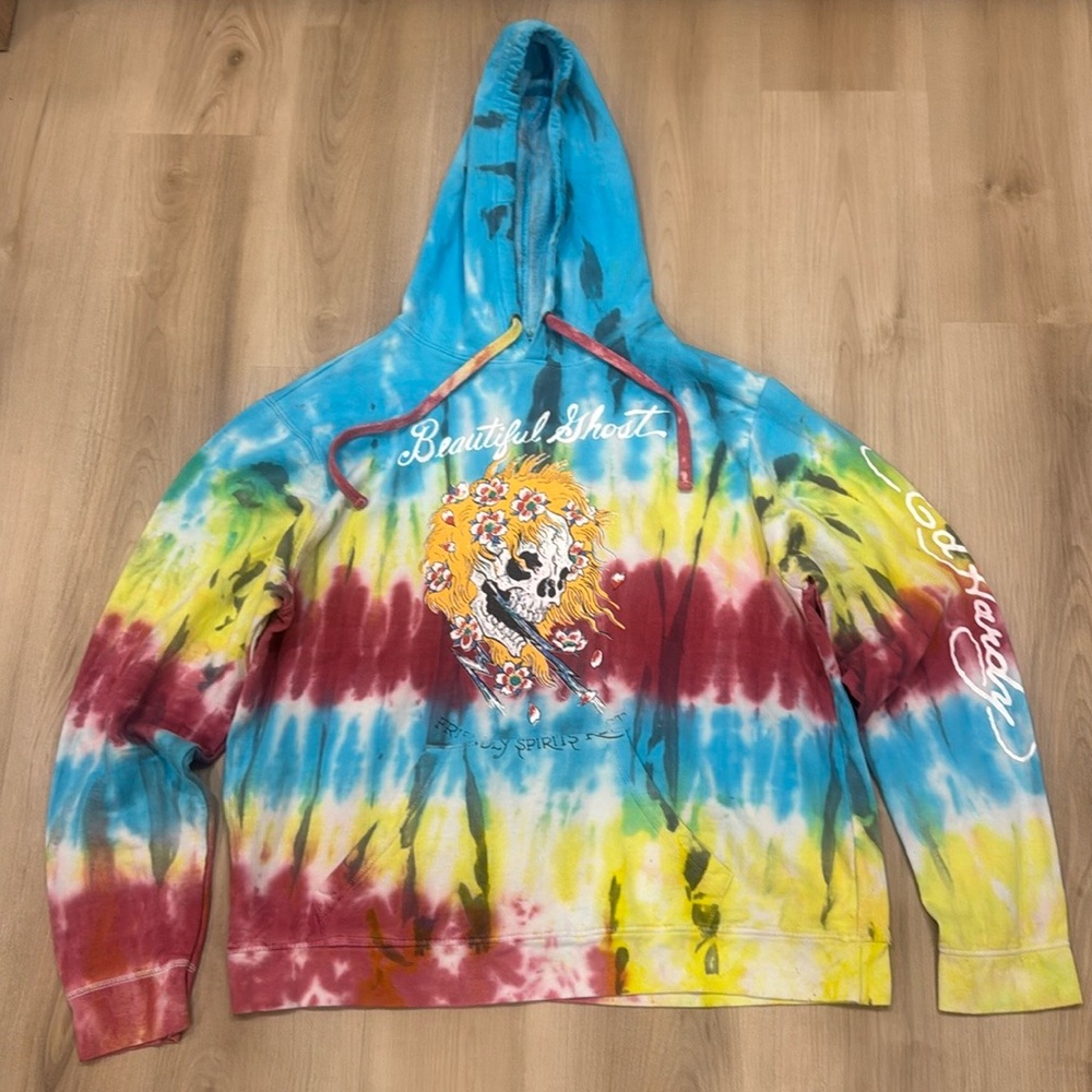 Size Large Tie-Dye Ed Hardy hoodie arm stamp and skull &flowers beautiful ghost